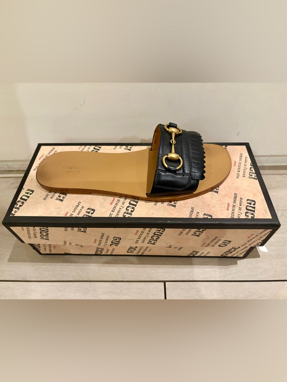 Gucci Black Leather Horsebit Kiltie Slide Sandals - Picture 5 of 7